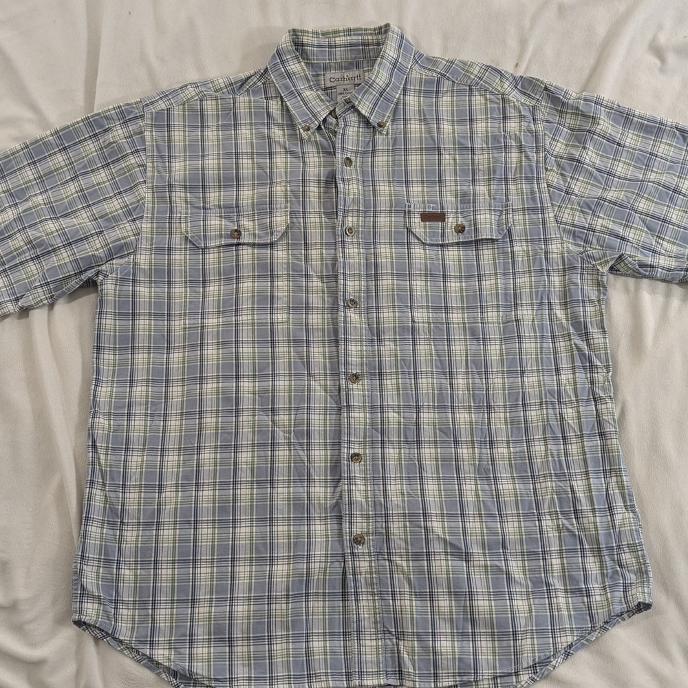 Carhartt Blue and White Checkered Button-Down Shirt